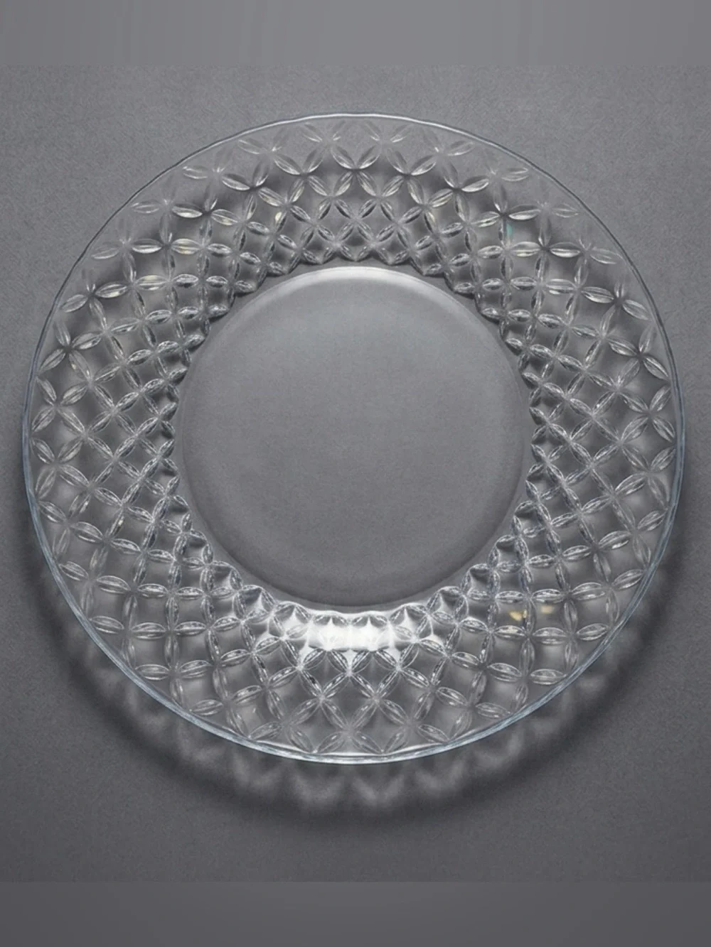 Vintage Italian Clear Pressed Glass Flat Platter Textured Geometric Petal Rim 13